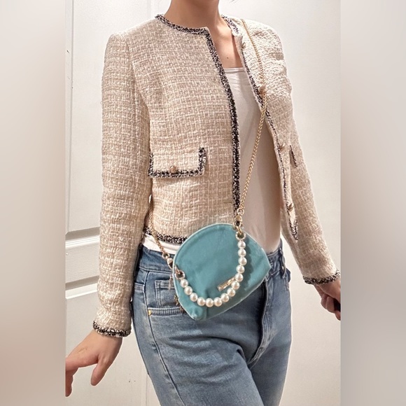 Miu Miu blue mini velvet pouch with pearl handle & Crossbody chain - Picture 8 of 13